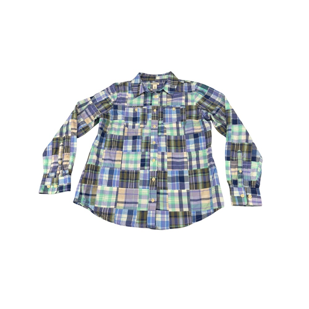 LL Bean Patchwork Plaid Button Up Shirt Womens XS Blue Green Cotton 501579